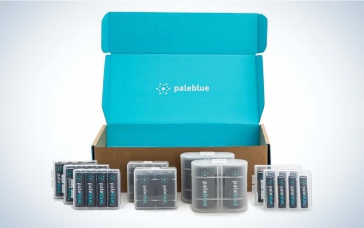  An open box from Pale Blue with the company's AA, AAA, 9V, and D batteries lined up in front.