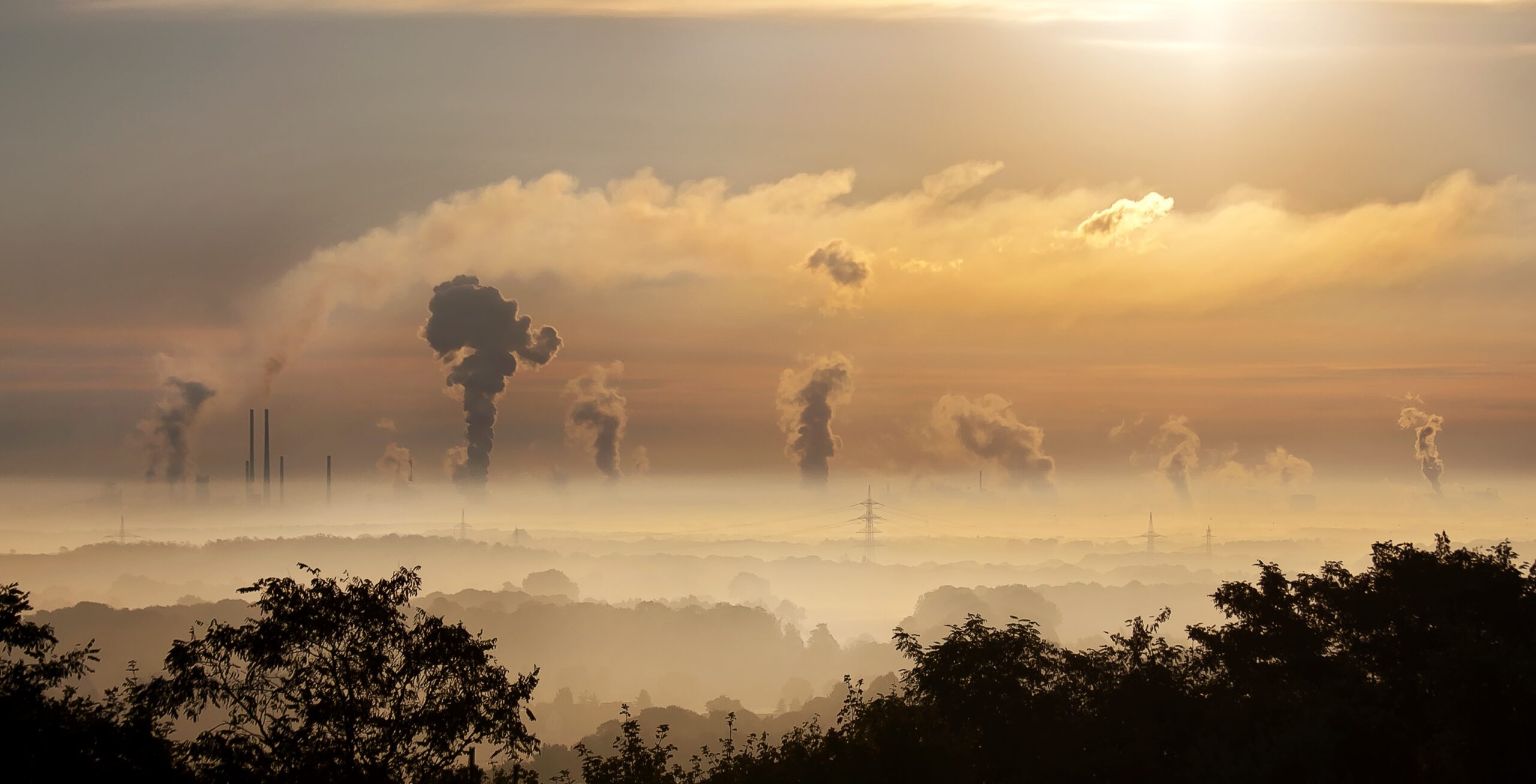 Smokestacks with greenhouse gas emissions in the sunset over trees