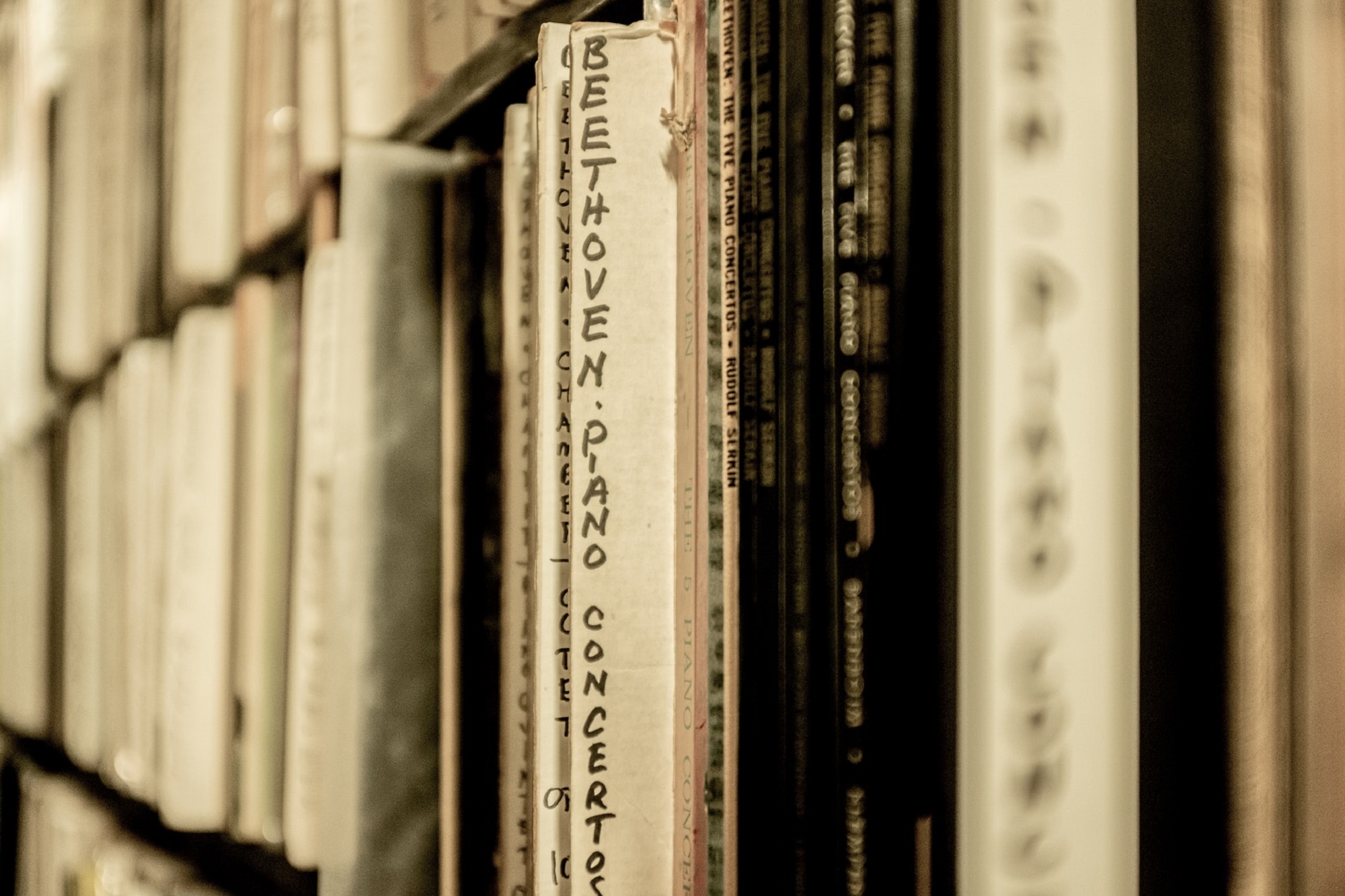 Beethoven piano sheet music on a shelf