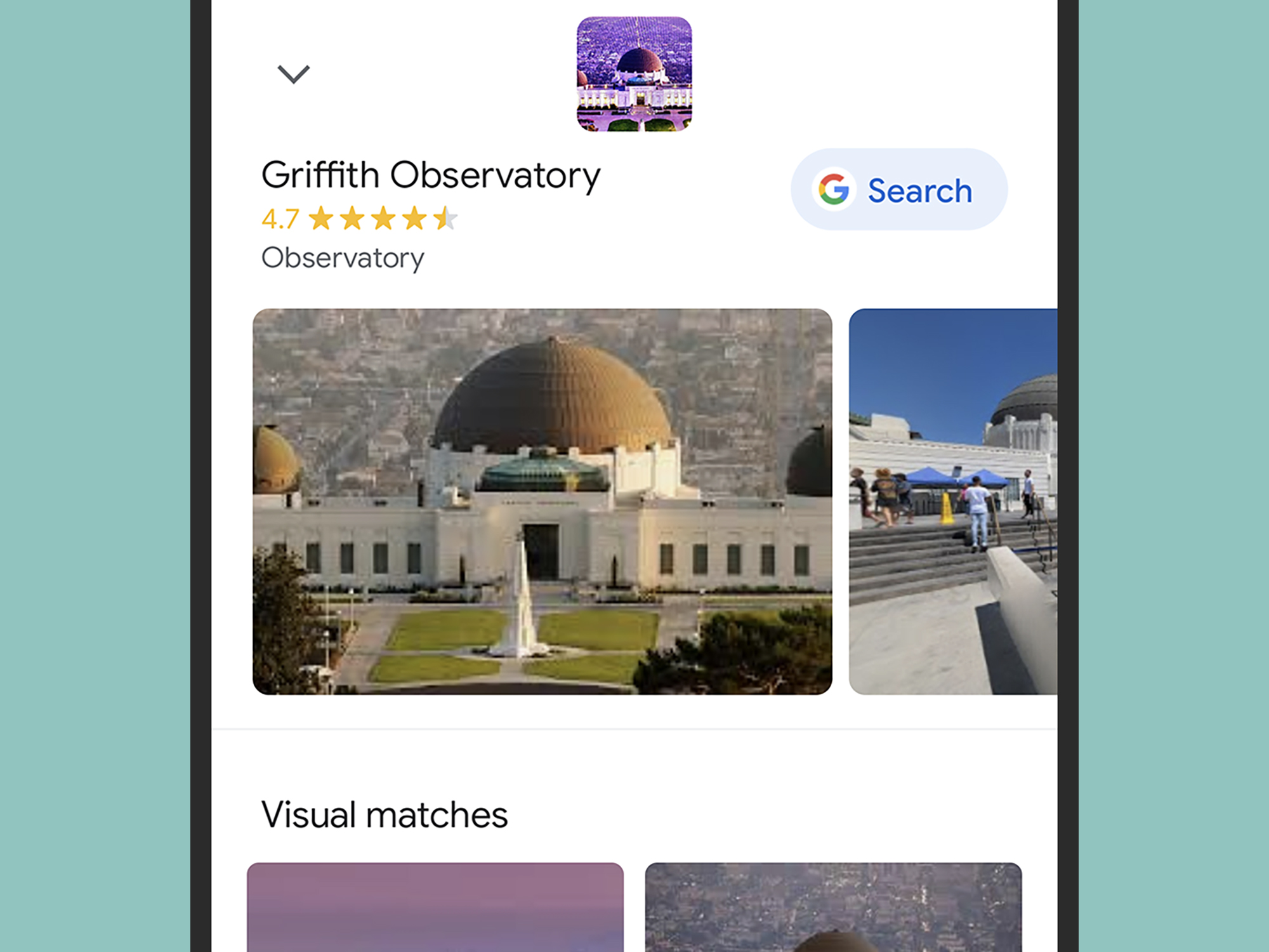 A Google Lens information tile for the Griffith Observatory.