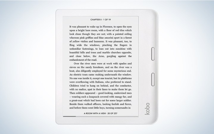  A Kobo Libra 2 on a blue and white background. 