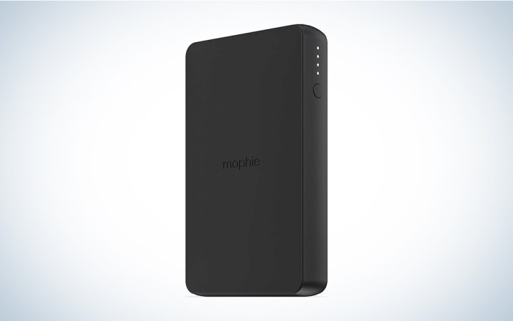  A black mophie wireless power bank on a blue and white background