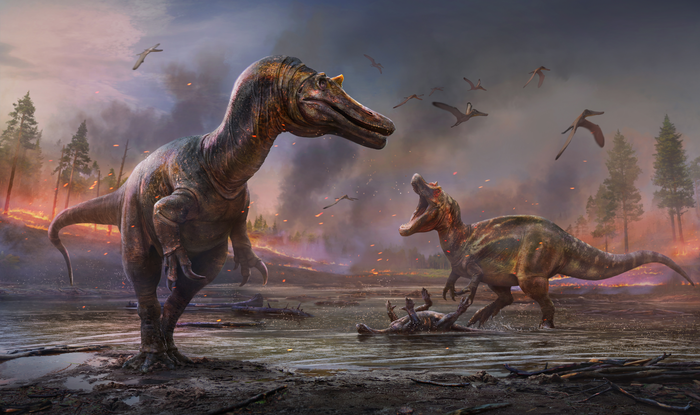 Two large dinosaurs roam a dusky background.