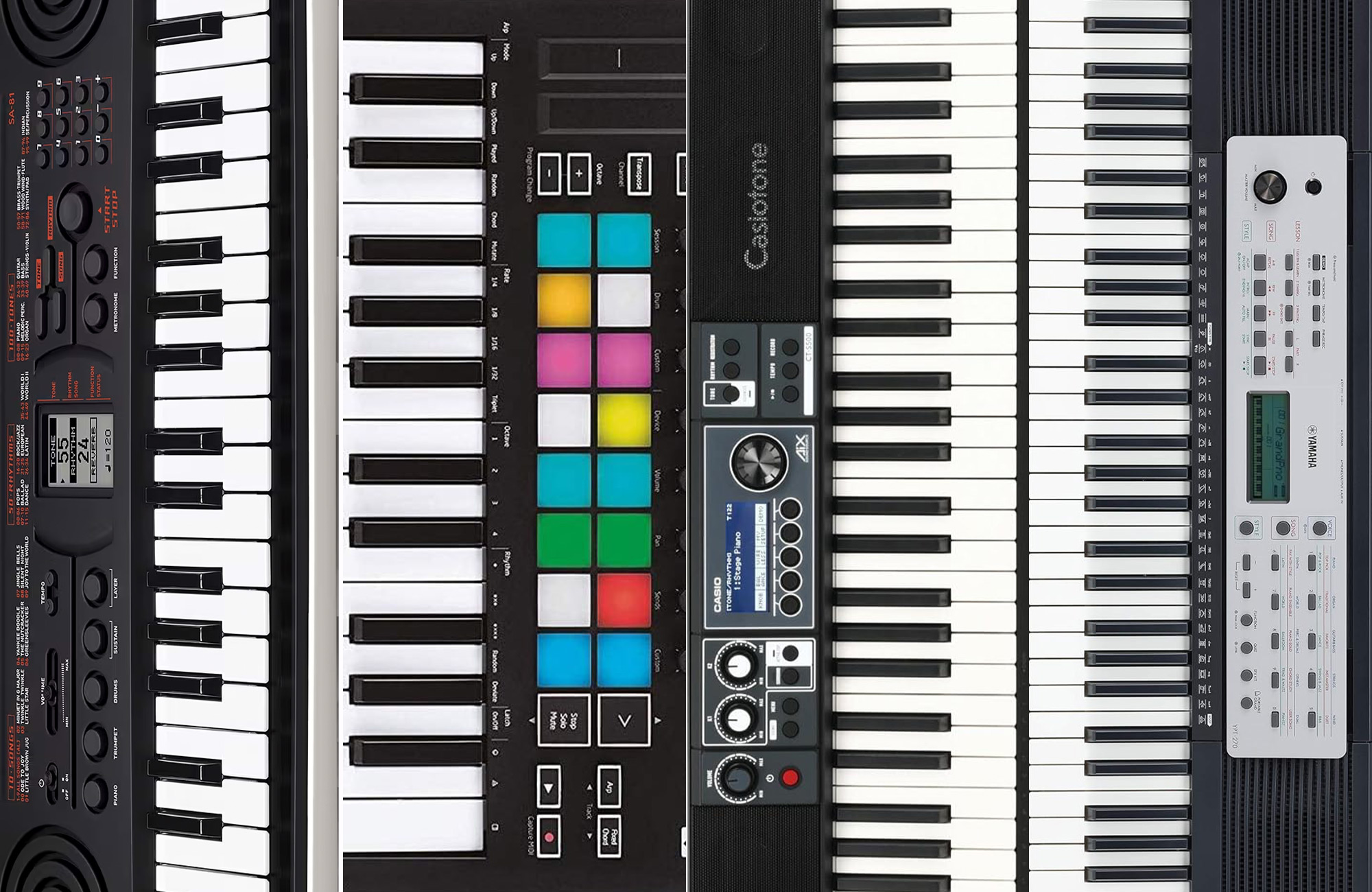 Four of the best beginner keyboards are sliced together vertically.