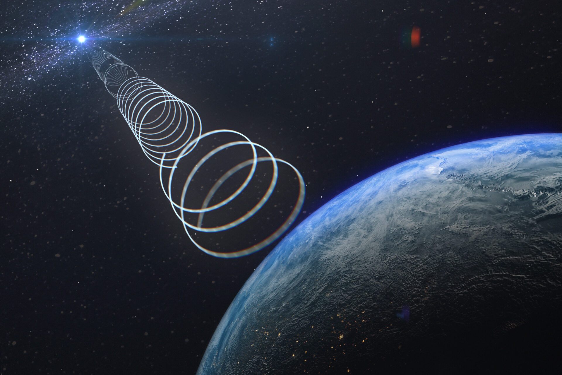 illustration of a radio signal beaming towards earth