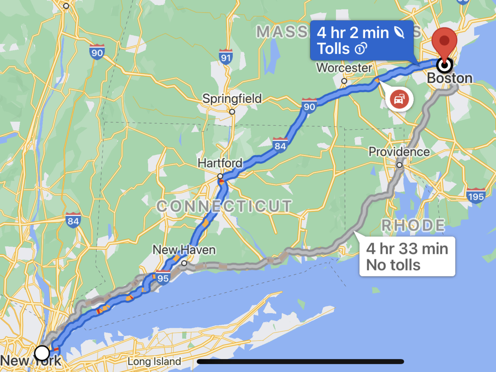 Google Maps showing an eco-friendly route from New York City to Boston.