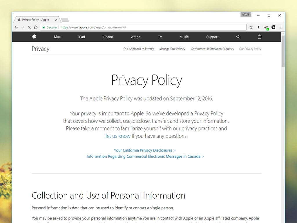 Apple's privacy policy in a web browser.