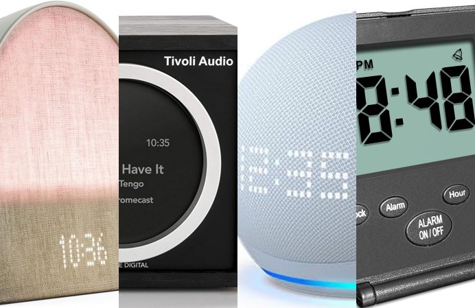 A lineup of the best alarm clocks cut verically into fourths on a plain background