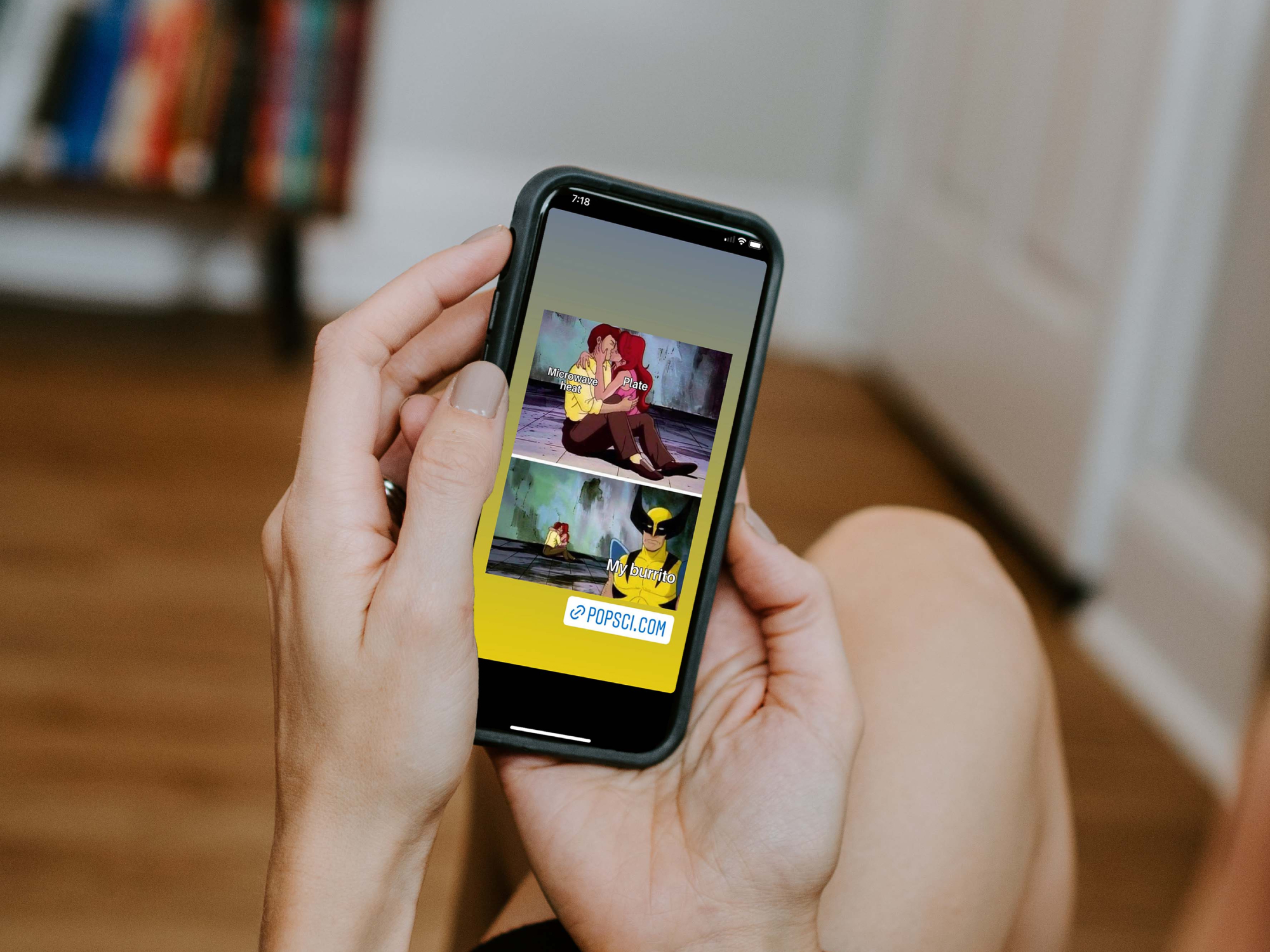 A person holding a phone with an Instagram story on the screen showing a website link on the post.