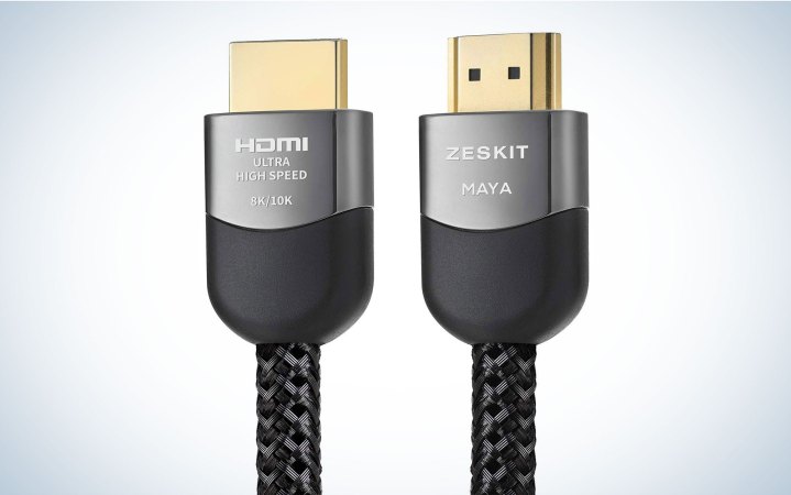  Zeskit Maya makes an 8K HDMI 2.1 cable with grey connectors and a black braided cable.