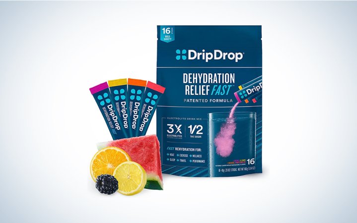  A package of DripDrop hydration packets on a blue and white background.