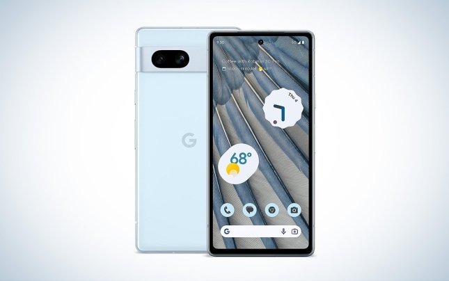 A light blue Google Pixel 7a is placed against a white background, with the front and back of the phone displayed.