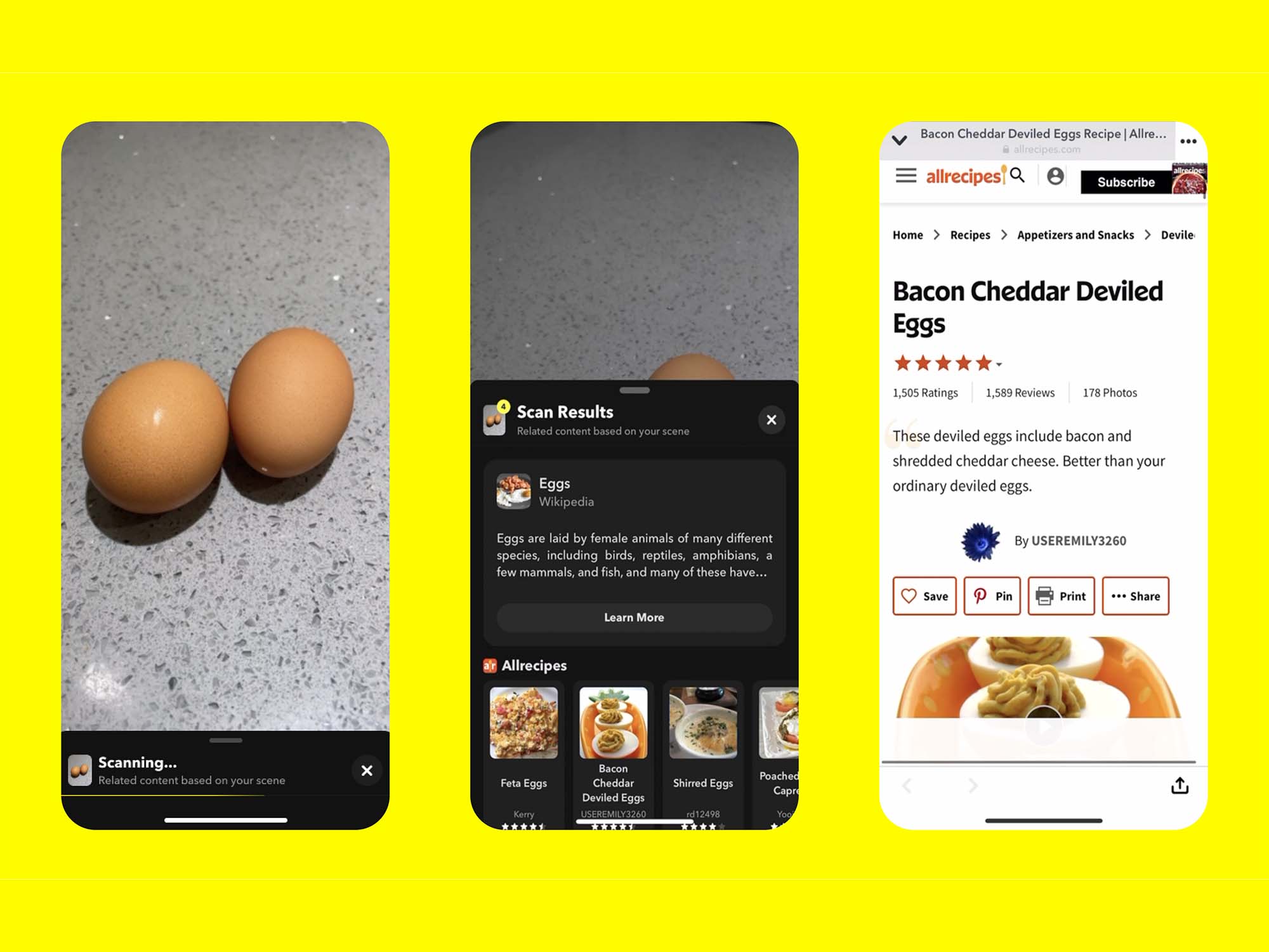 Food scan by snapchat screens