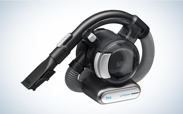  A black and decker car vacuum on a blue and white background