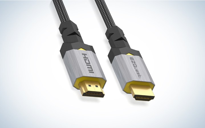  The EZQuest Ultra HD HIGH Speed HDMI 10K 60HZ Cable has rectangular connectors on a blue and white gradient background