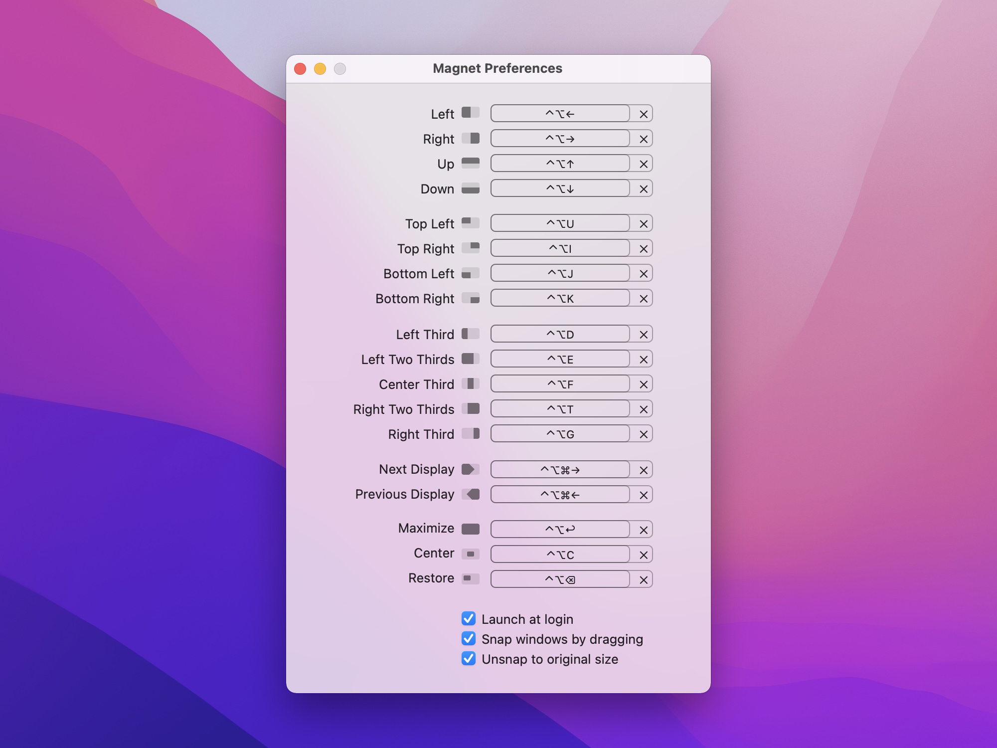 The options for using Magnet on macOS to organize your open program windows and snap them to different parts of the screen.