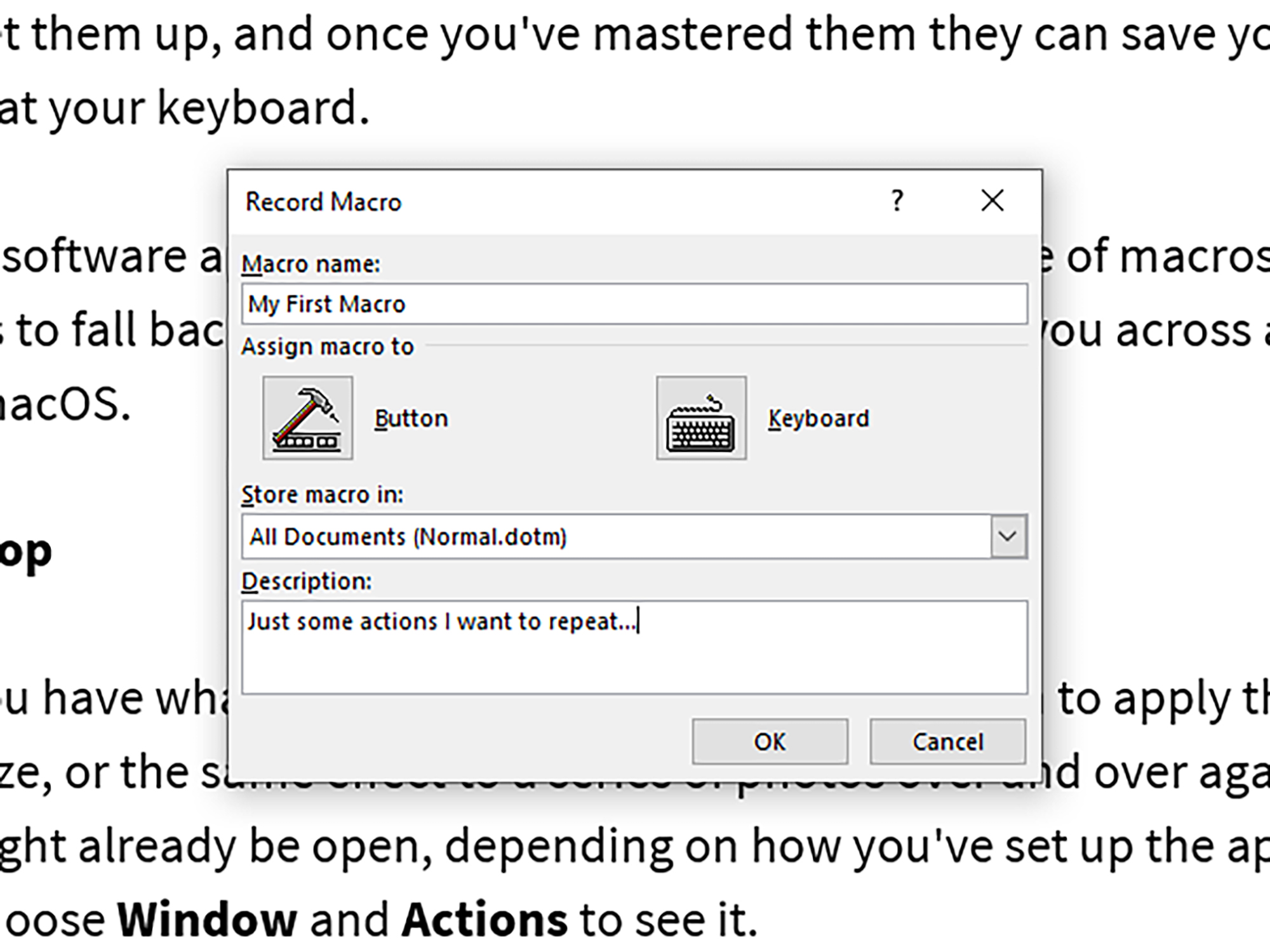 The interface for creating or recording a macro for repetitive tasks in Microsoft Word.