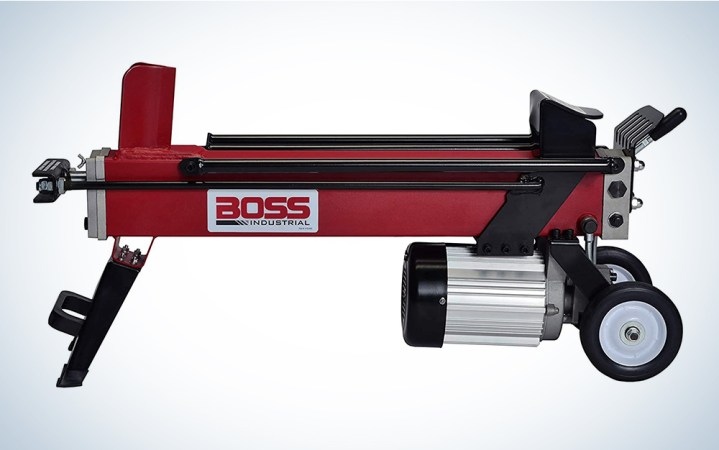  A red Boss Industrial electric log splitter on a blue and white background