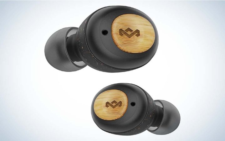  Two earbuds by House of Marley made from bamboo and recycled materials.