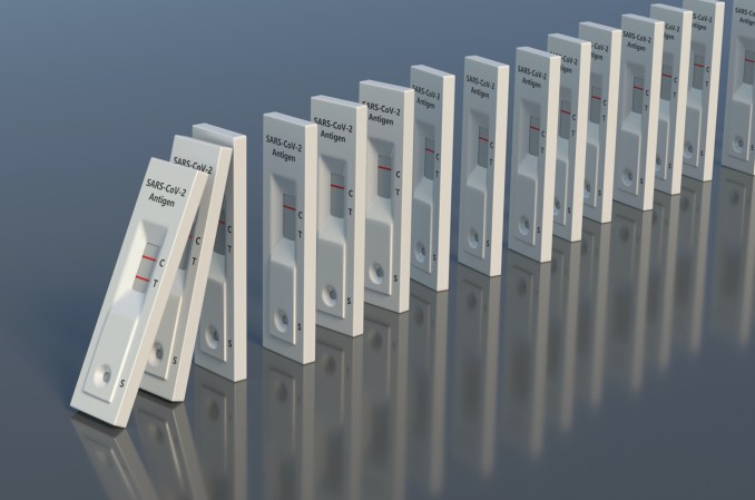 COVID rapid antigen tests for Omicron detection lined up like dominoes