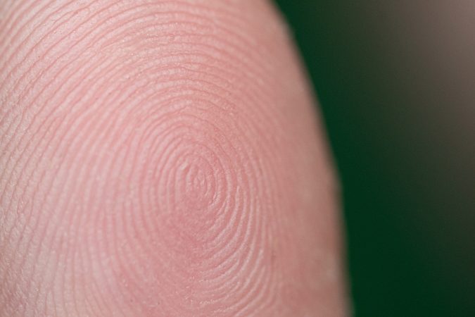 closeup of a whorled fingerprint pattern on a white person