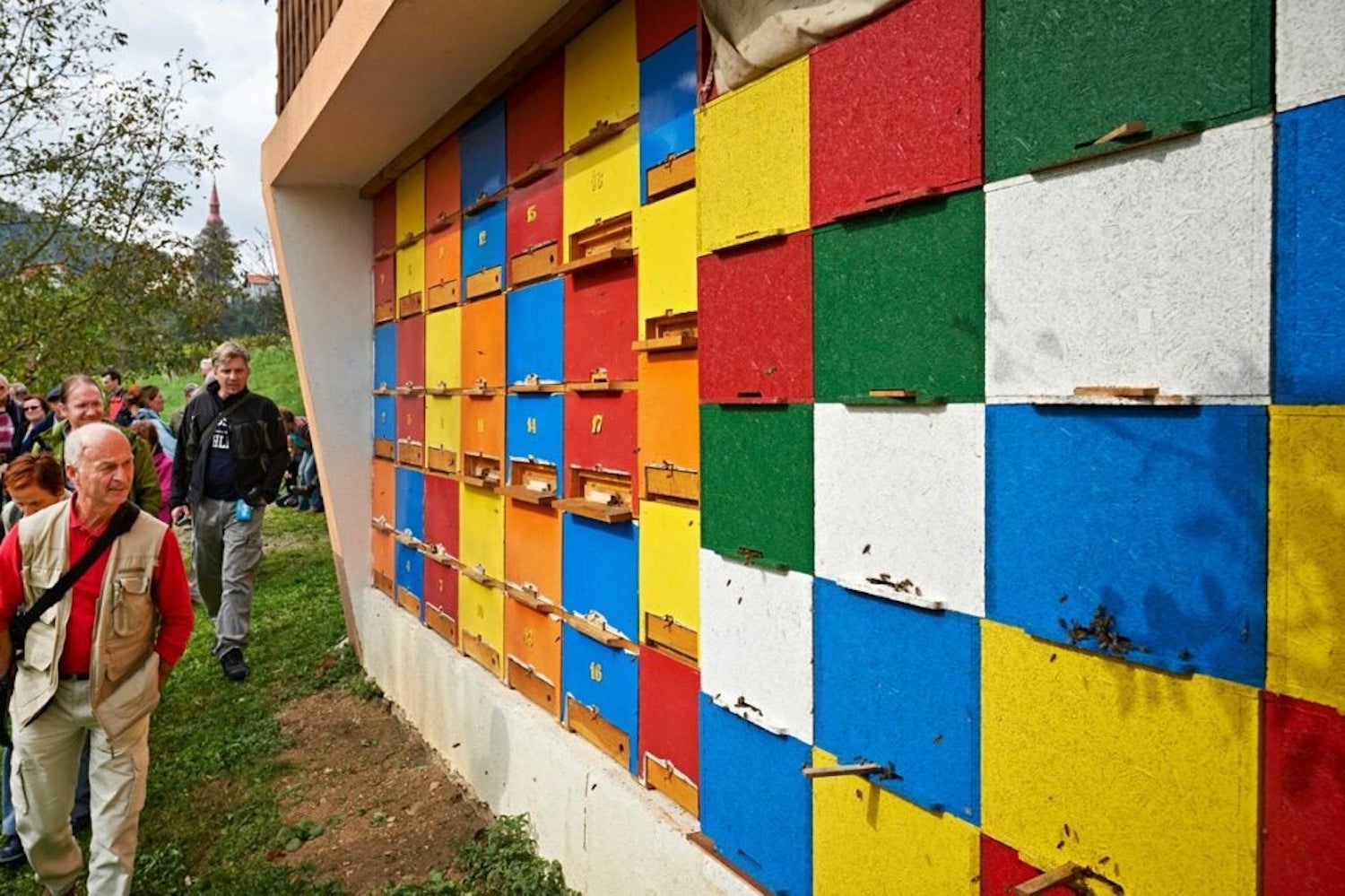 Multicolored bee boxes in the Slovenian countryside. A beekeeper in a red shirt and with a bald head walks past.