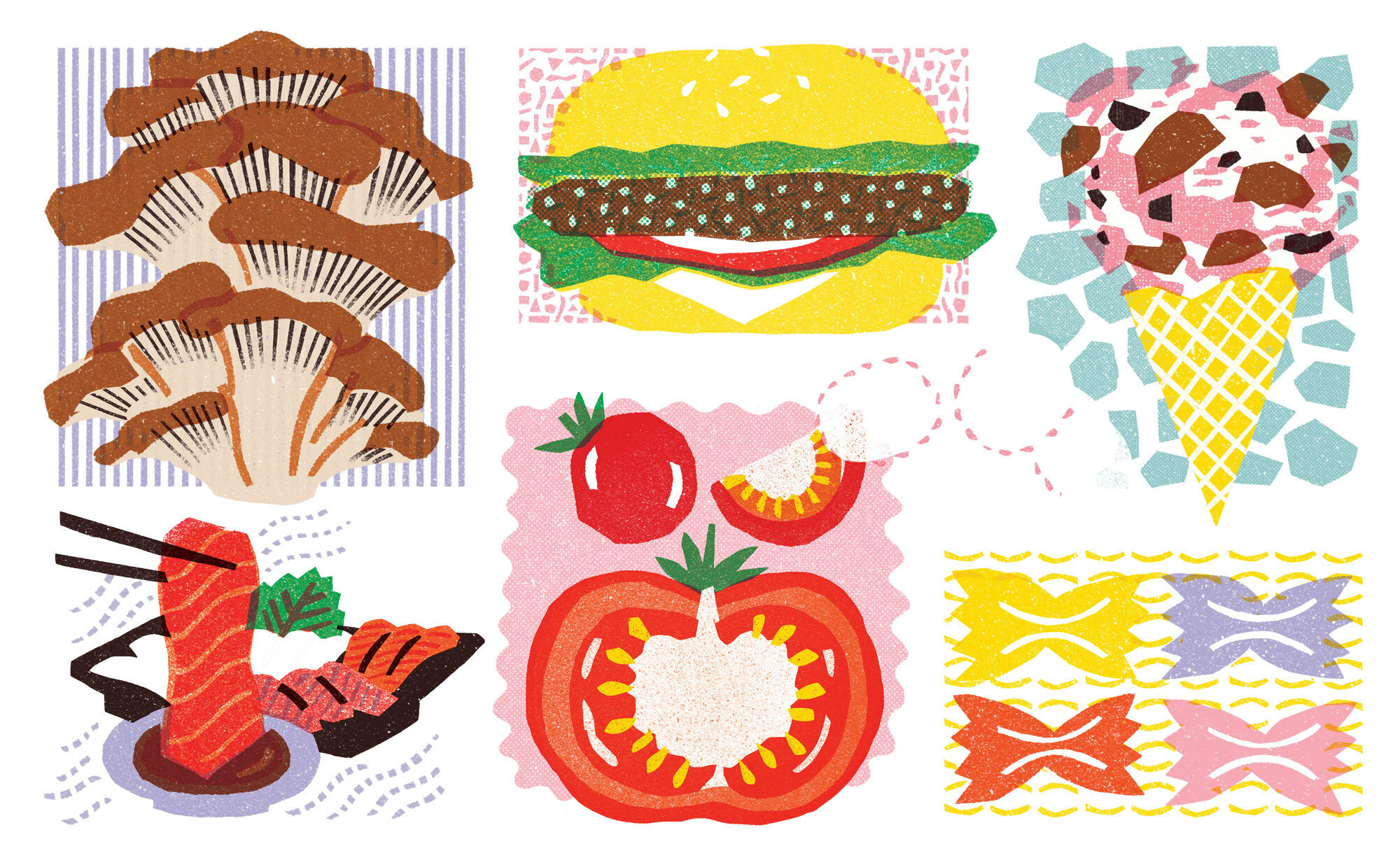 Mushroom, sandwich, sushi, ice cream, pasta, tomato and other illustrated foods with important texture