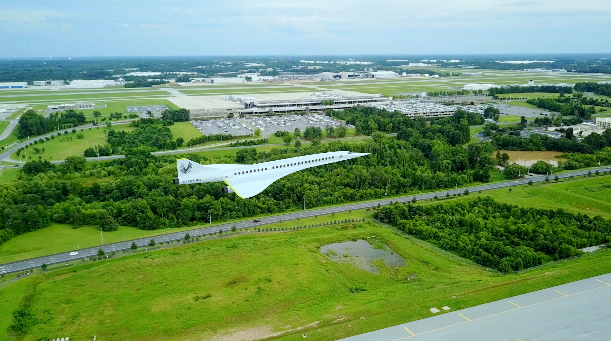 a rendering of a supersonic passenger aircraft in flight