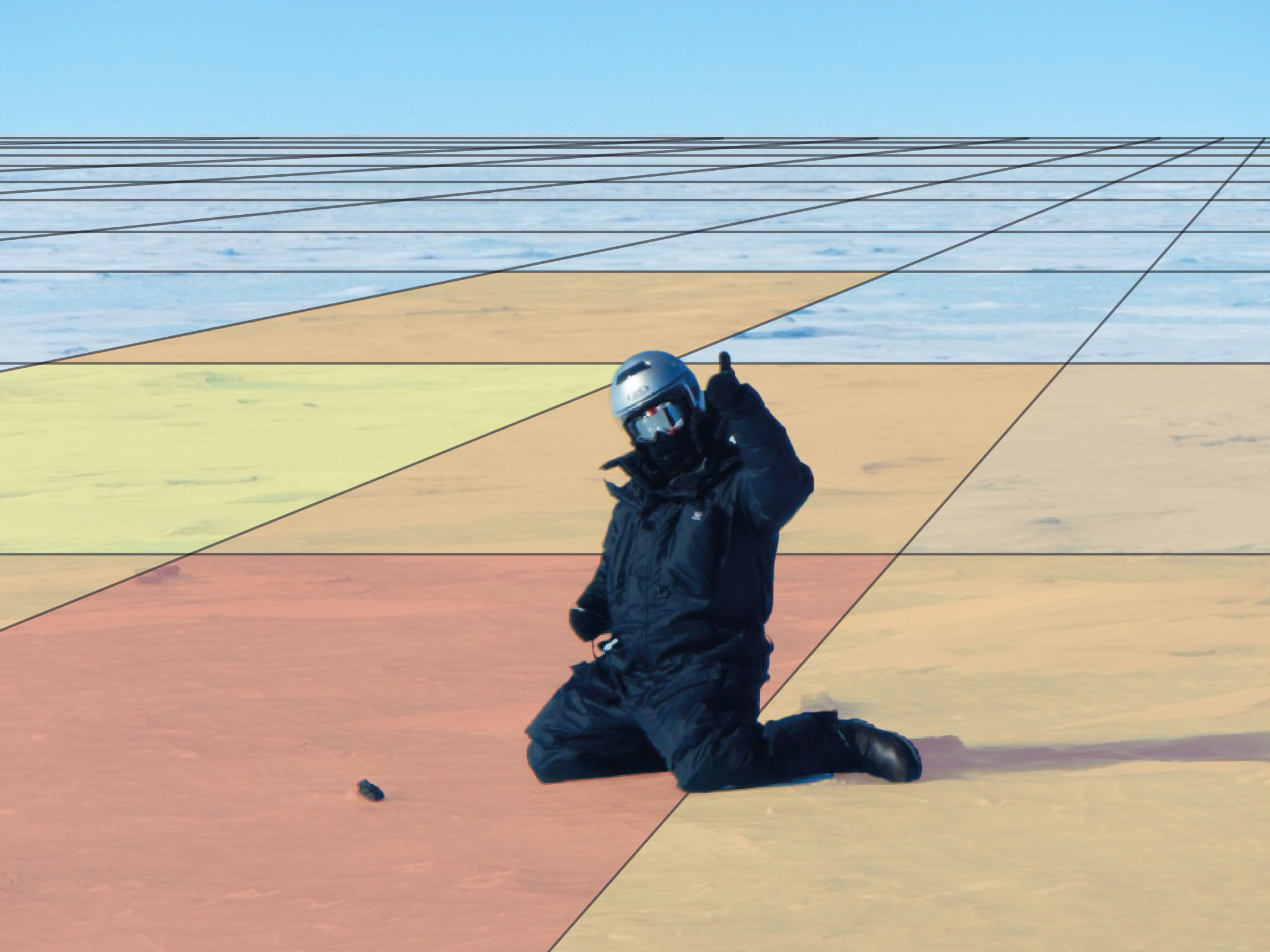 a scientist in winter gear gives a thumbs up on an ice sheet. the ice sheet has been imposed with a grid pattern created by an artist