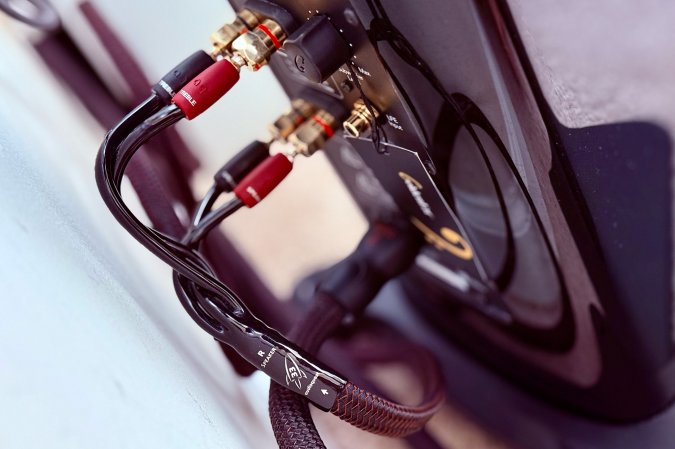  A red-and-black woven AudioQuest Rocket 33 speaker cable shown bi-wired to a black GoldenEar T66 floorstanding speaker.