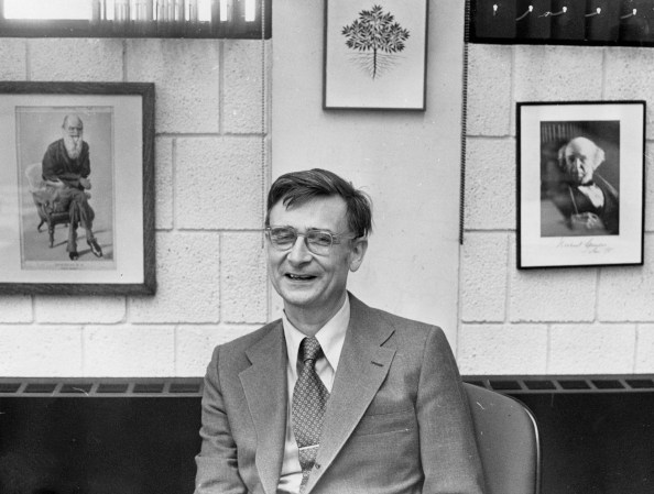 E.O. Wilson in his Harvard evolutionary biology office in a black and white photo