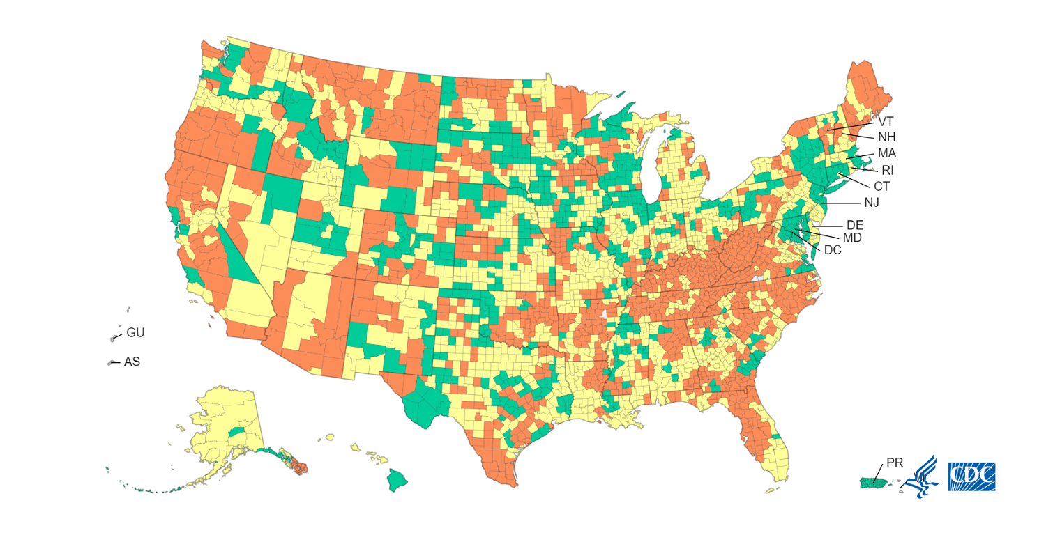 Map of US and Puerto Rico marked in orange, yellow, and green