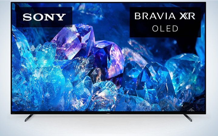  Sony Bravia OLED TV with a blue and purple picture of crystals on the screen.