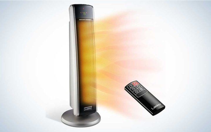  A Lasko Oscillating Digital Ceramic Tower Heater for Large Rooms on a plain background.