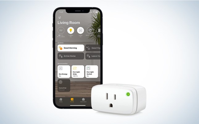 Eve Energy Smart Plug shown with an iPhone displaying the Home app