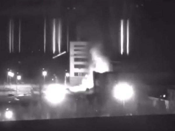 A screen grab captured from a video shows a view of Zaporizhzhia nuclear power plant during a fire following clashes around the site in Zaporizhzhia, Ukraine on March 4, 2022.