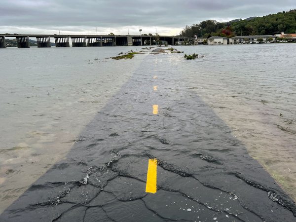 A bike path with a yellow stripe covered in water. A bridge is on the horizon.