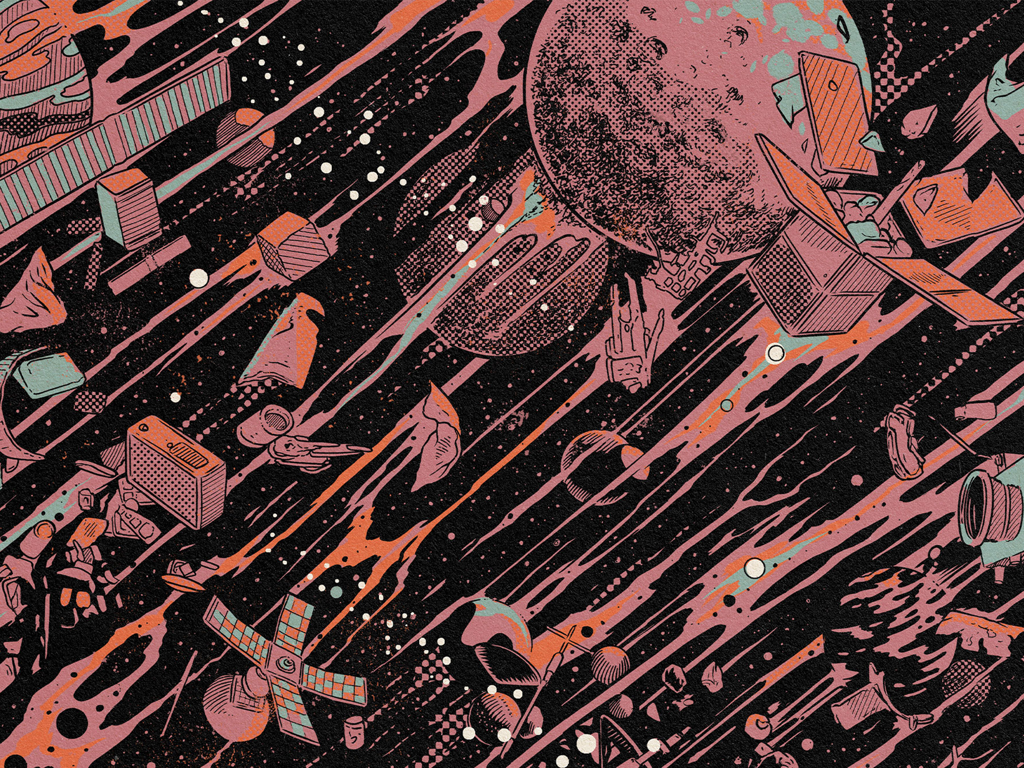 Garbage in space illustrated in blacks and reds