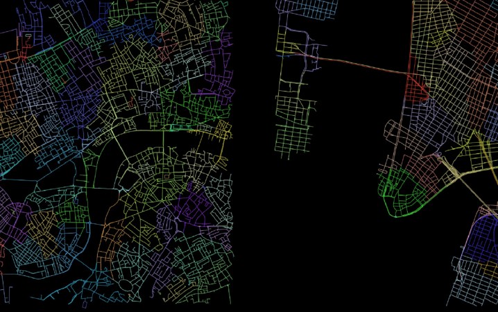 New York city street grid vs. London street grid in thin colorful lines on black