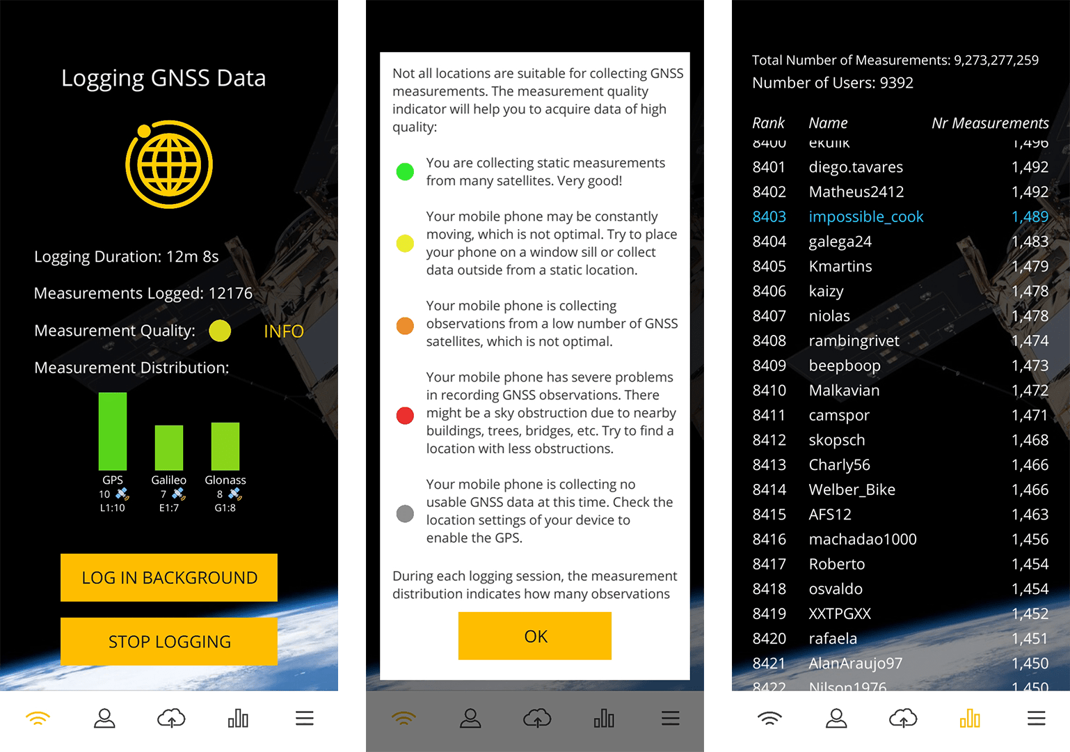 three screenshots of a phone app. from left to right, three green bars shows different satellites that you got information from and shows the measurements logged, quality and time you logged for. below are buttons to start a new session or stop logging. the next screenshot are various tips for getting high quality data collection. the last screenshot is of a competition board