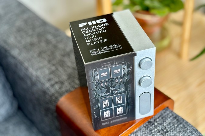  Silver and black FiiO R9 desktop streamer/digital audio player with its protective/descriptive packaging still on it
