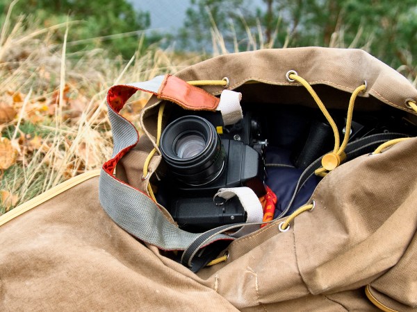 Photo of camera in a tourist's bag.