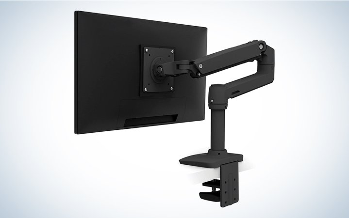  An Ergotron monitor arm on a blue and white background