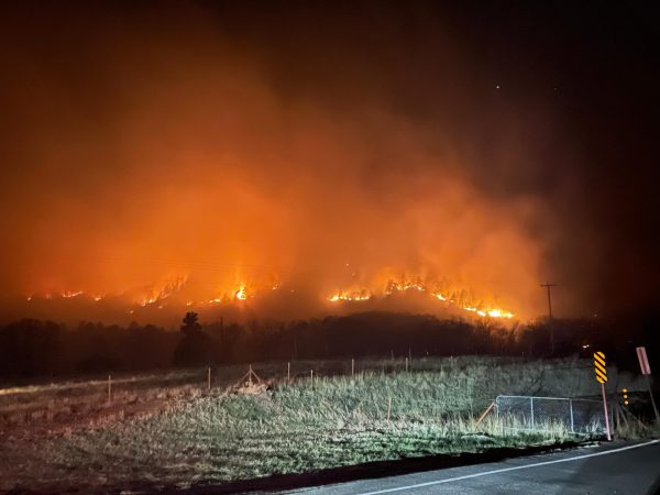 A fire moving across a hillside at night