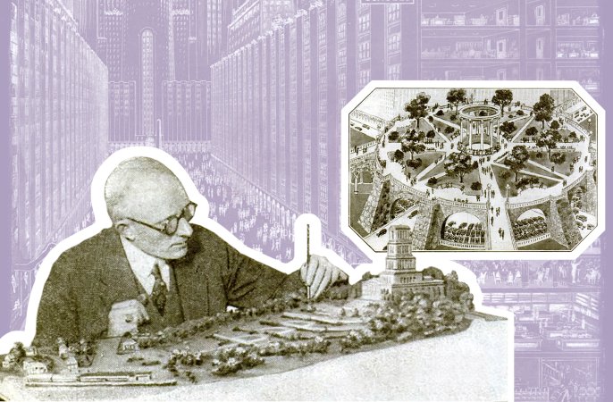 a black and white and purple stylized collaged image of a man holding a drafting pencil over a model of a city and on the right hand side another cut out of a circular street design