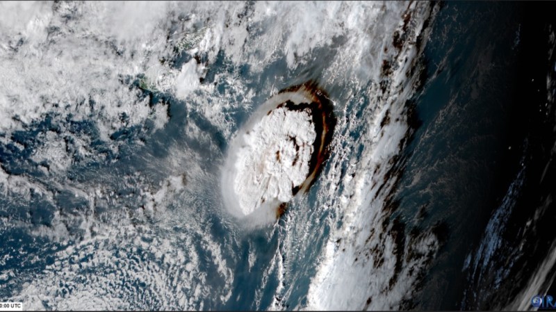 a huge mushroom cloud from a volcanic explosion seen from space