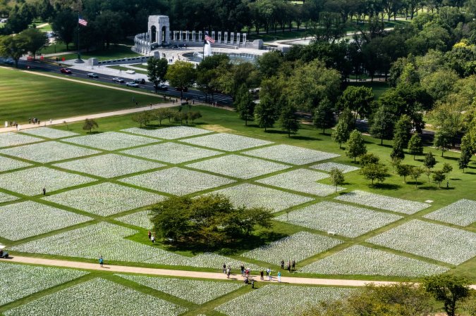 National Mall in Washington, D.C. covered in thousands of white flags to represent each US COVID death