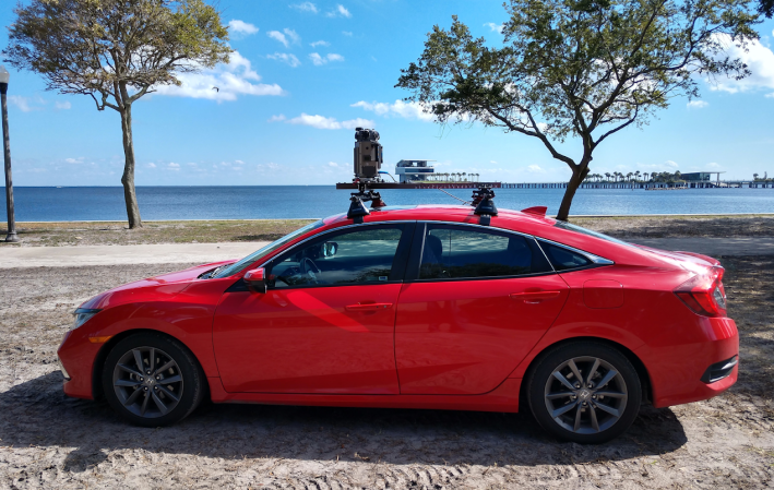 new street view camera prototype mounted on a red car