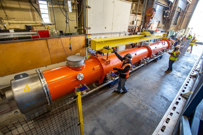 The cryomodule being delivered to SLAC's X-ray facility.