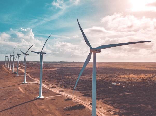 Wind turbines along desert road.